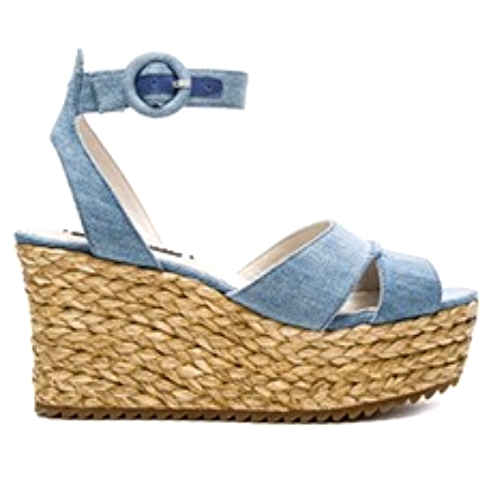 Alice & Olivia Roberta Denim Espadrilles Platform Wedges Ankle Strap Open Toe